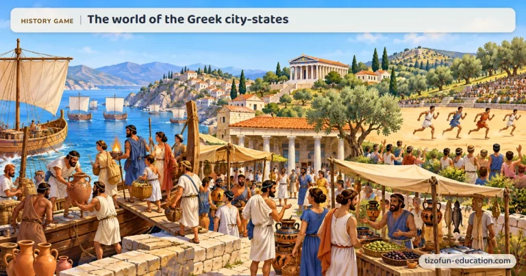 History game “The world of the Greek city-states”: In a Greek city by the sea, merchants unload amphorae from a square-sailed ship and sell olives and fish, while runners race in the stadium below a temple.