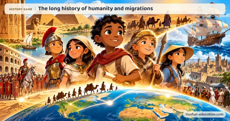 History game “The long history of humanity and migrations”: Children from different eras look at a globe crossed by migration routes, among pyramids, caravans and ships.