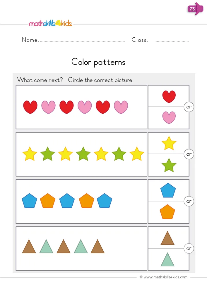 Preview of the page: four rows of shapes in two colors that take turns, each ending with a choice of two colors.