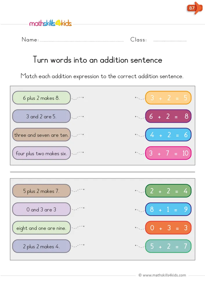 Preview of the matching page: two panels of word phrases on the left and bright colored number sentences on the right.