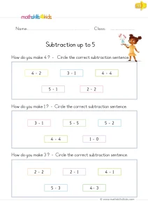 Kindergarten Choose the Right Subtraction Worksheet: Make 4, 1 and 3