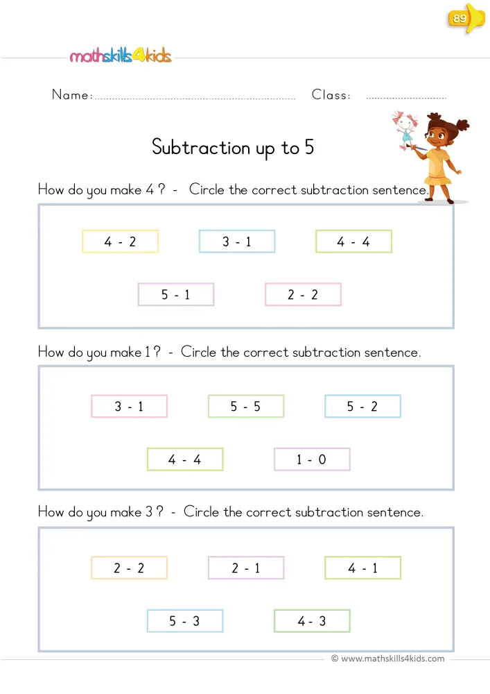 Preview of the subtraction page: five colored choices per box, such as 3 - 1, 5 - 5 and 2 - 2, to test and circle.