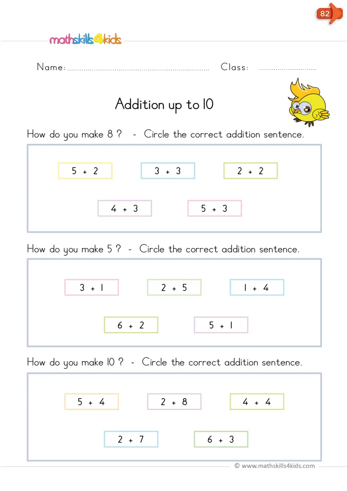 Preview of the page: five colored sums per box, such as 4 + 3, 3 + 1 and 2 + 2, with one to circle for each target number.