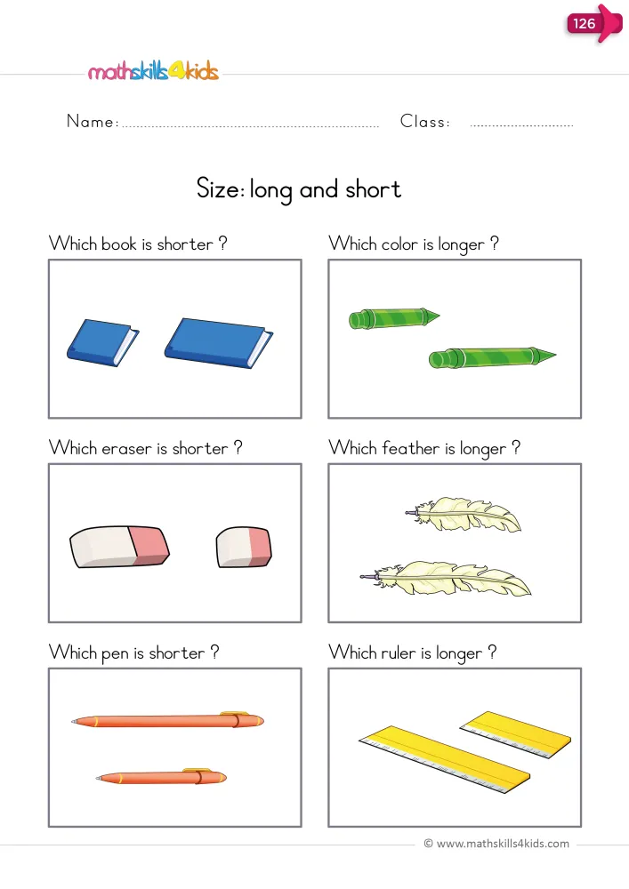 Preview of the page: six questions such as Which book is shorter, each above two objects of different lengths.