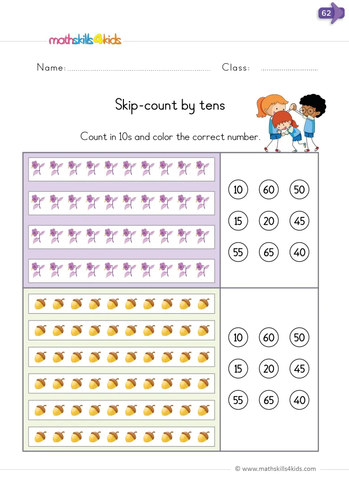 Preview of the count by tens page: strips of purple flowers and strips of acorns, with a grid of nine number choices for each.
