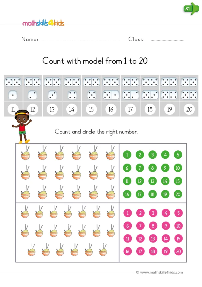 Preview of the counting page: dominoes and dice for 11 to 20, then two boxes of noodle bowls to count and circle on a 1 to 20 grid.
