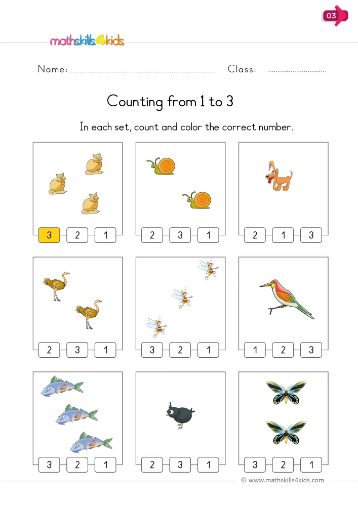 Preview of the counting page: nine animal boxes, each holding one to three animals over three numbers to color.