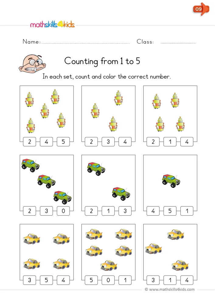 Preview of the counting page: robots, jeeps and yellow cars in nine boxes, with number choices from 0 to 5 below.