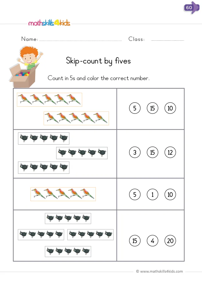 Preview of the counting by fives page: four boxes with one to four strips of five birds and three number choices each.