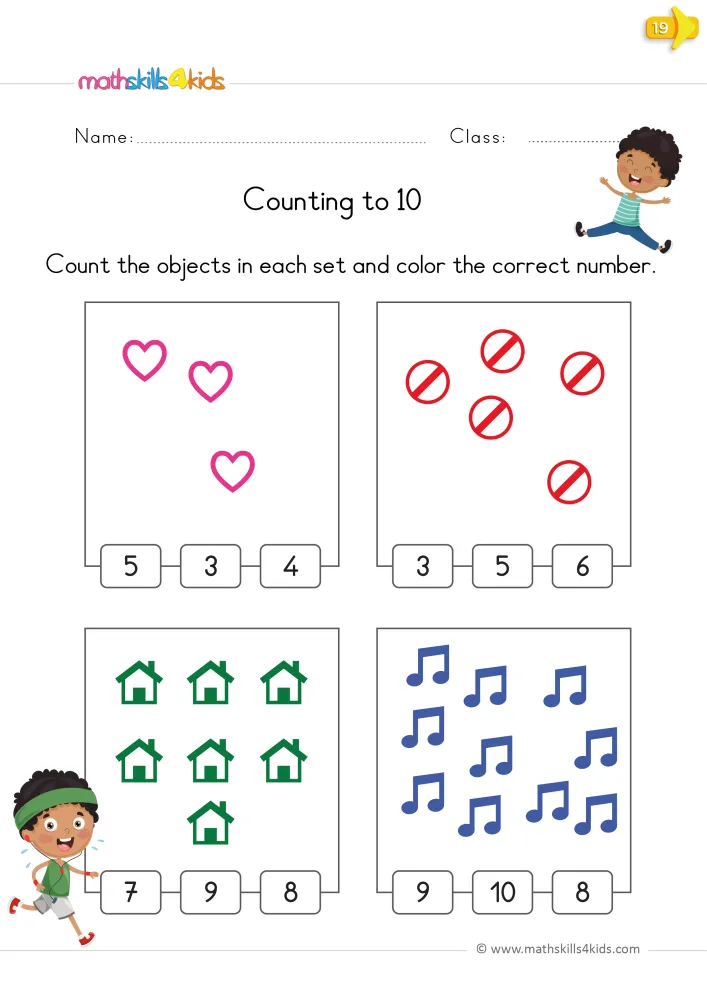 Preview of the counting page: three hearts, five signs, seven houses and ten music notes, each with a row of three number choices.