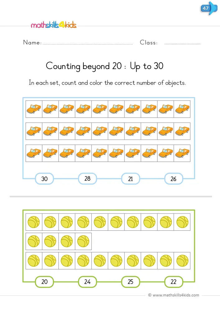 Preview of the counting page: rows of orange cars and yellow tennis balls in boxes, with four number choices under each set.