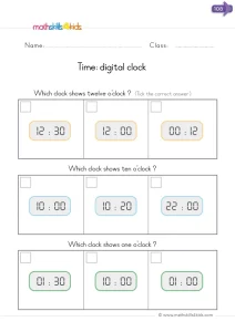 Kindergarten Digital Clock Worksheet: Which Clock Shows the Hour?