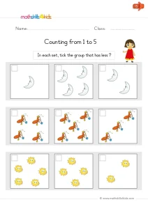 Kindergarten Fewer Objects Worksheet: Moons, Ants and Suns