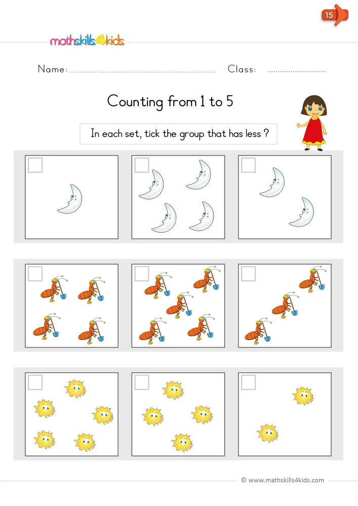Preview of the comparing page: nine boxes in three rows, moons, ants and suns, from one to five in each box.