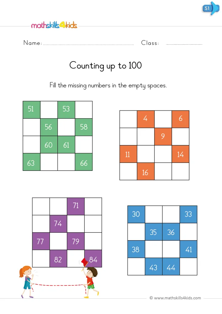 Preview of the number grid page: four colored grids with printed numbers and empty white squares for the missing ones.