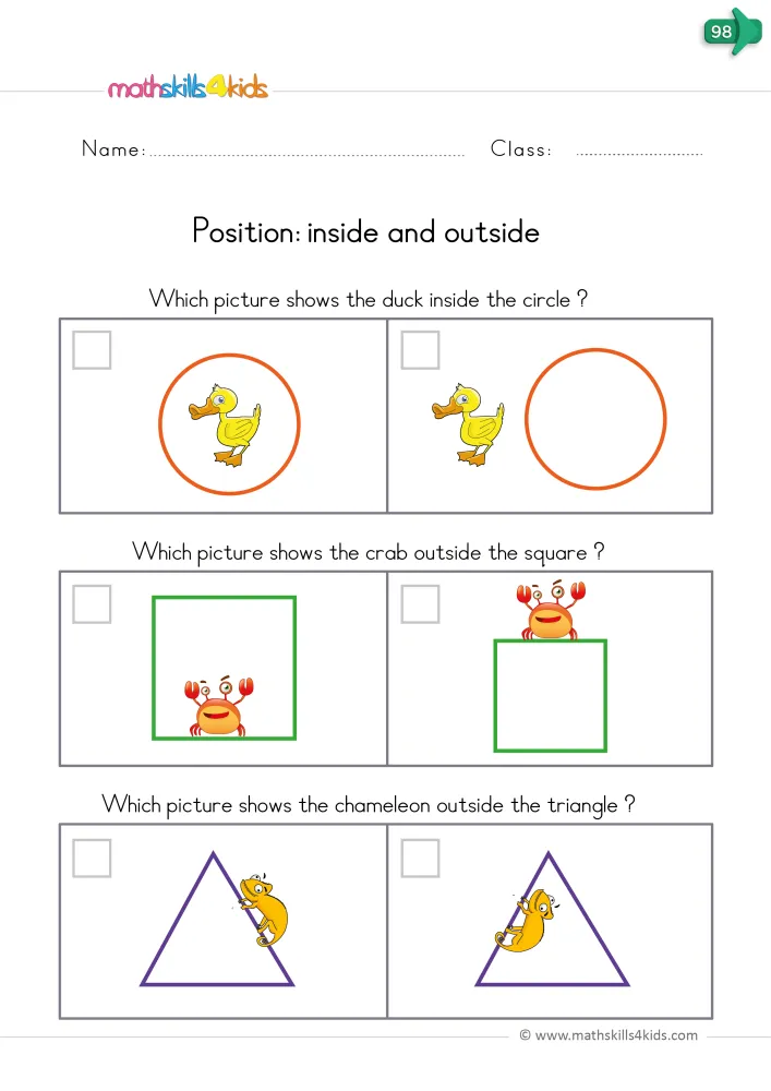 Preview of the position page: three pairs of pictures with tick boxes, each animal inside or outside a shape.
