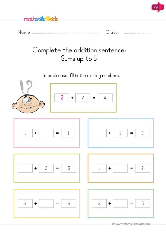 Preview of the fill-in page: six addition sentences with sums up to 5, each with one empty box beside a plus sign.