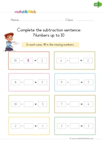 Kindergarten Missing Number Subtraction Worksheet: Fill In Up to 10