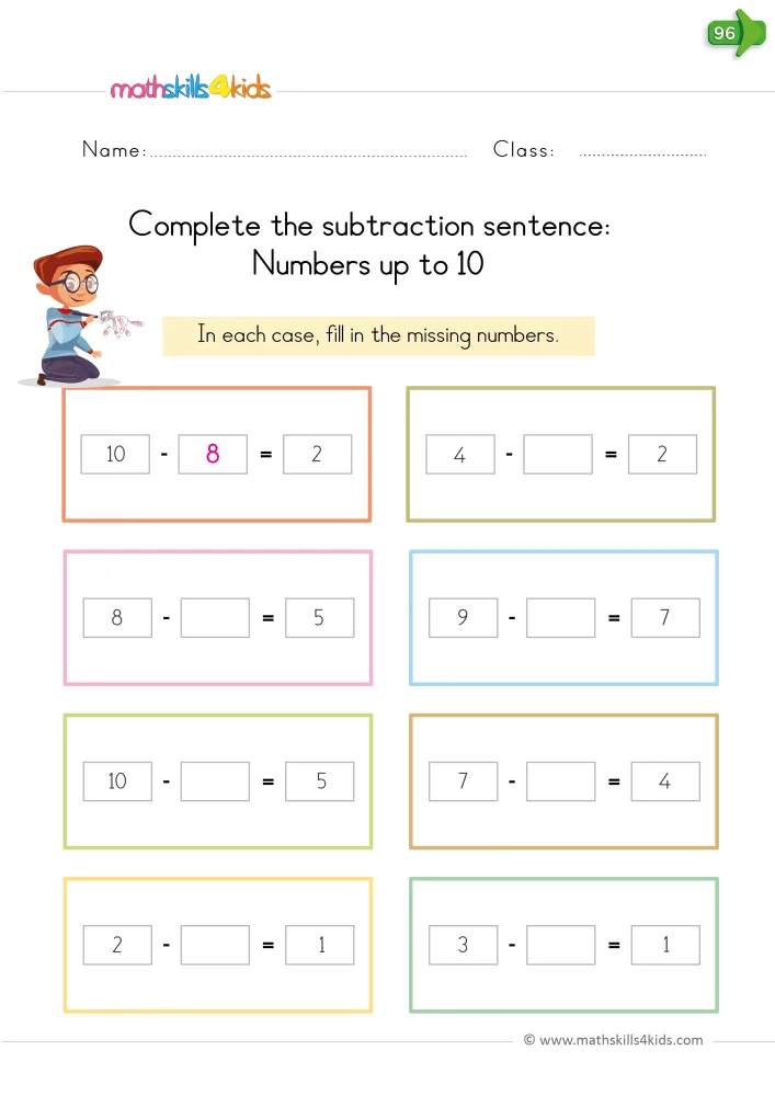 Preview of the fill-in page: eight subtraction sentences in pastel frames, the middle box empty in all but the example.