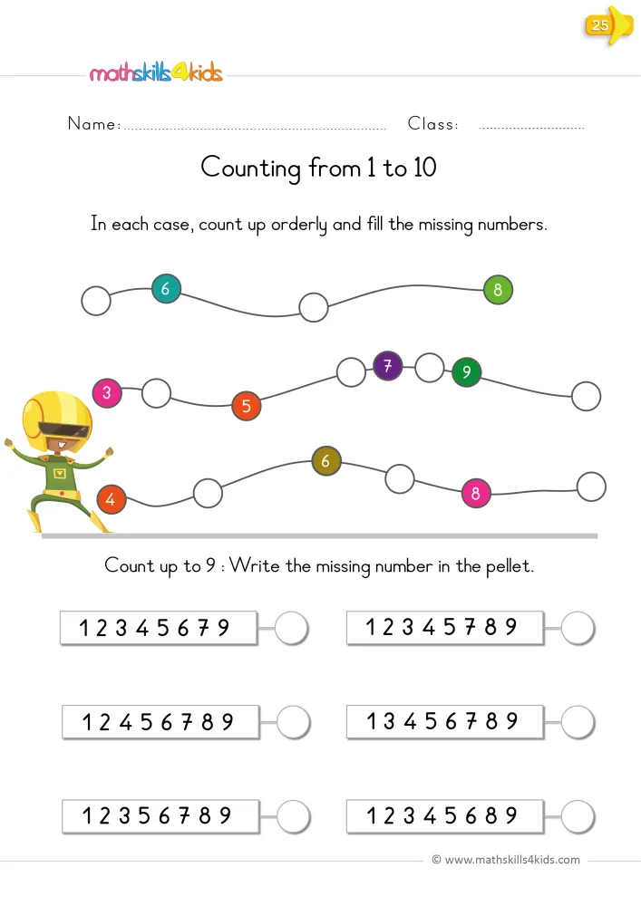 Preview of the counting up page: wavy paths of numbered circles and six number strips, each with a circle to fill.