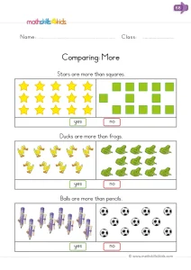 Kindergarten More Than Worksheet: True or Not? Count Two Sets and Decide