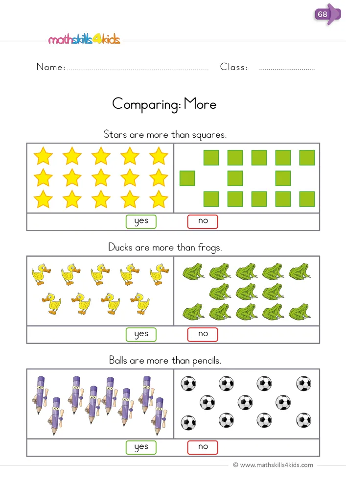 Preview of the page: three sentences to check, like Stars are more than squares, each above two sets to count.