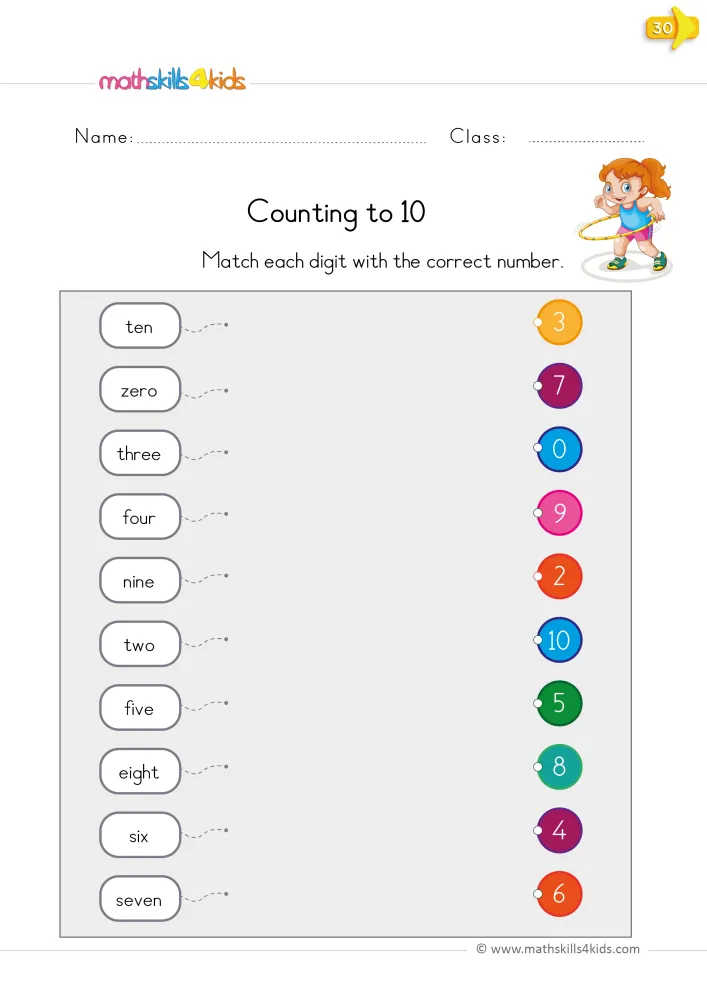 Preview of the matching page: ten number words on the left and ten colored numeral circles on the right to link.