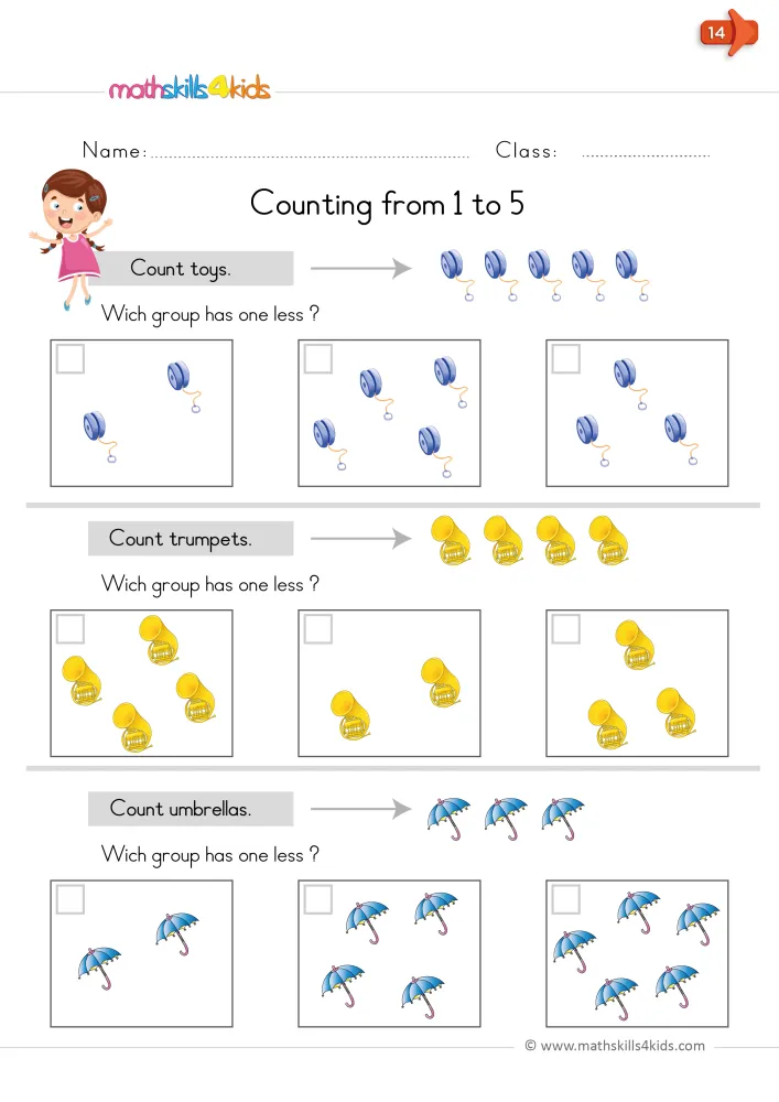 Preview of the one less page: three counting rows, each with a model set and three boxes to compare and tick.