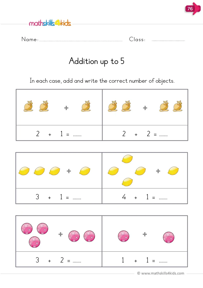 Preview of the addition page: two groups of pictures joined by a plus sign in each box, with a number sentence below.