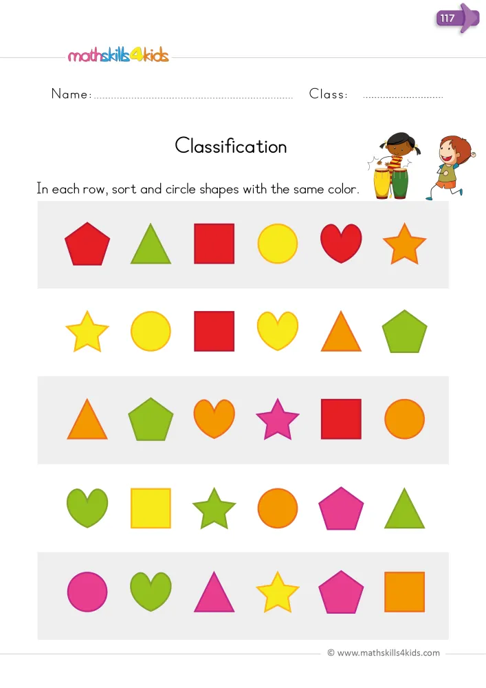 Preview of the page: rows of pentagons, triangles, squares, circles, hearts and stars in mixed bright colors.