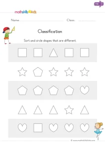 Kindergarten Shape Classification Worksheet: Four Alike, One That Does Not Fit