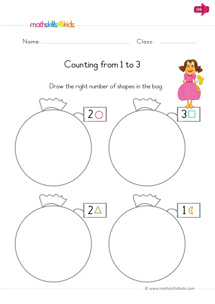 Preview of the drawing page: four large bags, each tagged with a number and a small shape for the child to copy.