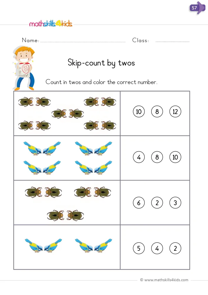 Preview of the skip counting page: pairs of beetles and birds in four boxes, each with three circled number choices.