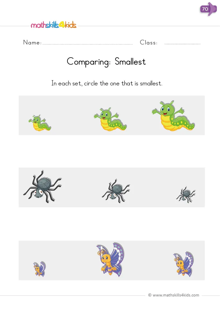 Preview of the page: three rows of cartoon bugs, each shown small, medium and large, ready to circle the smallest.