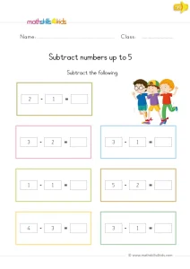 Kindergarten Subtraction Within 5 Worksheet: Fill In Each Answer
