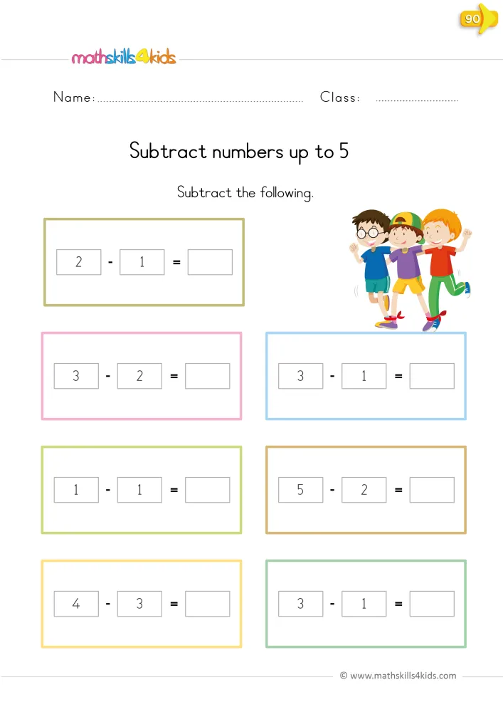 Preview of the page: seven subtraction sentences in pastel frames, each with an empty answer box, and three boys walking.