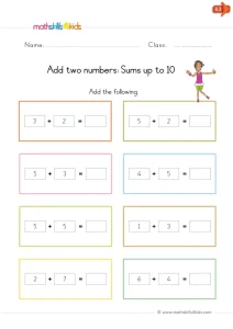 Kindergarten Sums to 10 Worksheet: Add Two Numbers in Eight Boxes