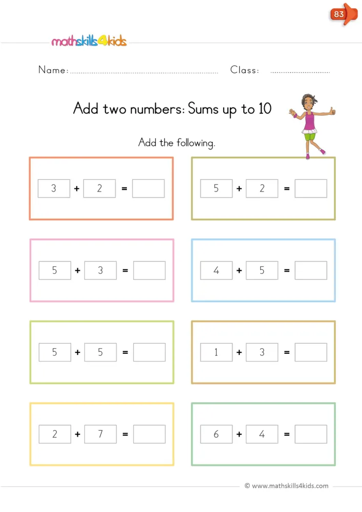 Preview of the addition page: eight number sentences in pastel frames, each with an empty box for a sum up to 10.