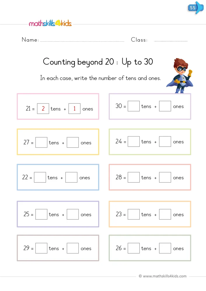 Preview of the tens and ones page: ten boxes from 21 to 30, with a solved example in red at the top left.