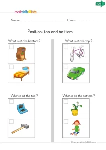 Kindergarten Top or Bottom Worksheet: Bed, Bike, Hammer and Doll