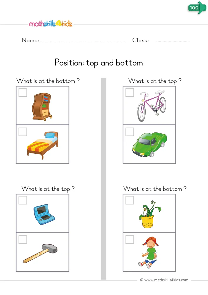 Preview of the top and bottom page: a bike over a green car, a game console over a hammer, each with a tick box.