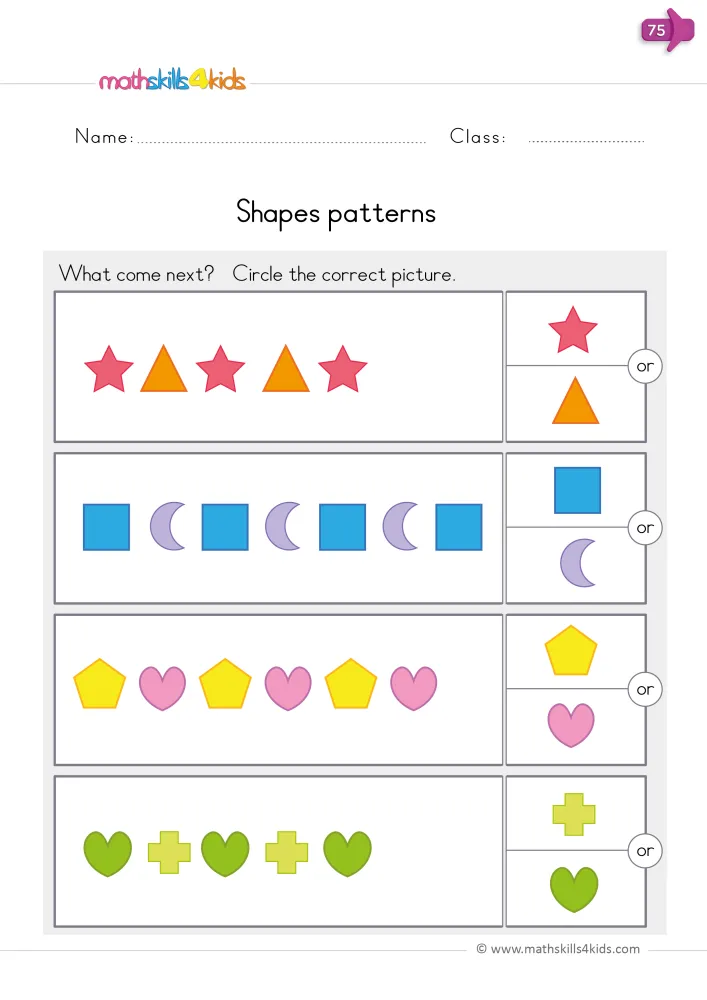Preview of the page: rows of stars and triangles, squares and moons, pentagons and hearts, then hearts and crosses.