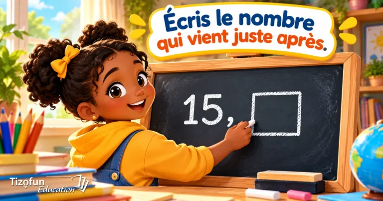 Écris le nombre qui vient juste après : une fillette écrit à la craie sur un tableau noir, dans la case vide placée après le nombre 15.