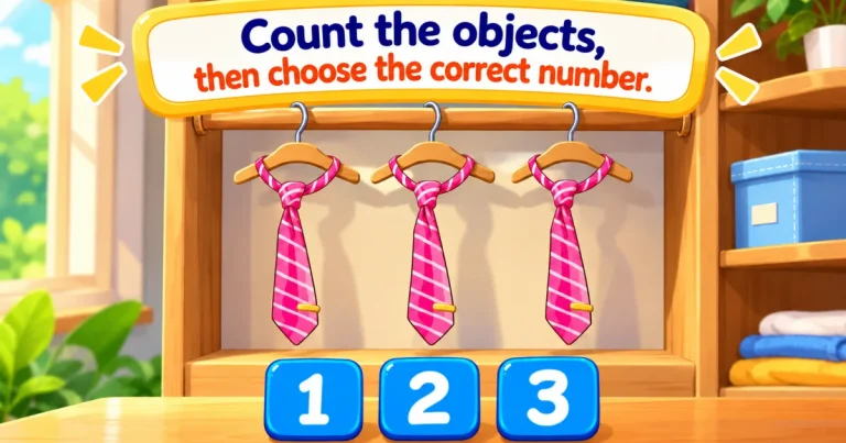 Count the objects, then choose the correct number: three pink ties hanging in a wardrobe, above the numbers 1, 2 and 3.