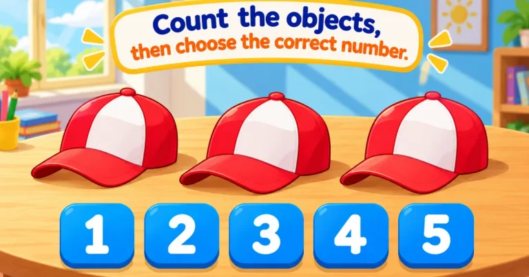 Count the objects, then choose the correct number: three red caps on a table, above the numbers 1 to 5.