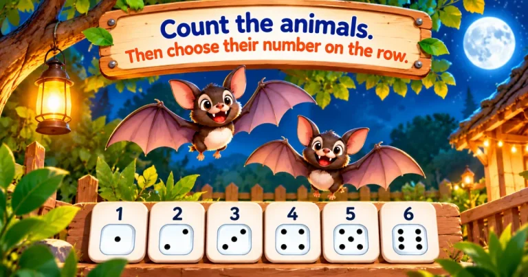 Count the animals, then choose their number on the row: two bats flying in a garden at night, above a row from 1 to 6 with dice faces.