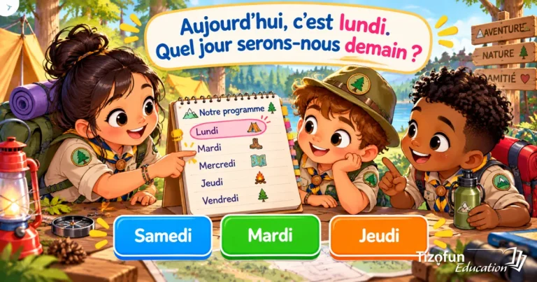 Aujourd'hui, c'est lundi : quel jour serons-nous demain ? Des scouts lisent leur programme de la semaine et choisissent entre samedi, mardi et jeudi.