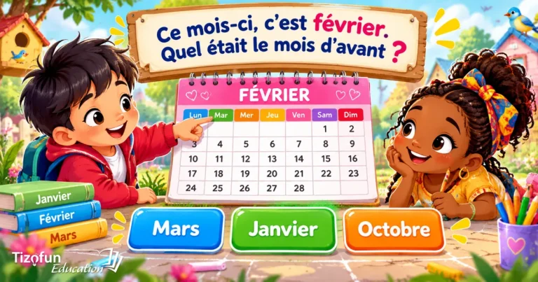 Ce mois-ci, c'est février : quel était le mois d'avant ? Deux enfants devant un calendrier de février choisissent entre mars, janvier et octobre.