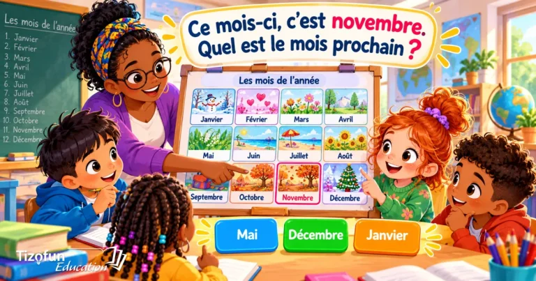 Ce mois-ci, c'est novembre : quel est le mois prochain ? Une enseignante et ses élèves devant le tableau des mois de l'année choisissent entre mai, décembre et janvier.