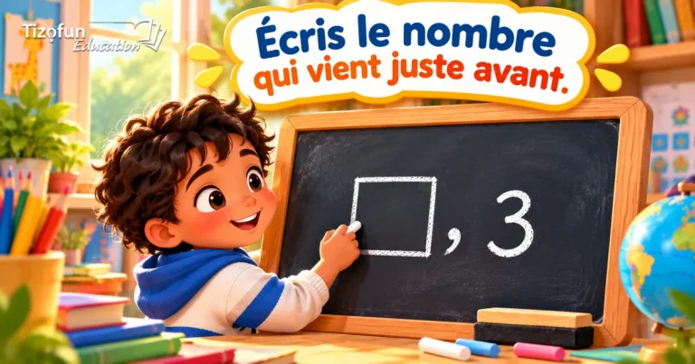 Écris le nombre qui vient juste avant : un garçon écrit à la craie sur un tableau noir, dans la case vide placée avant le nombre 3.
